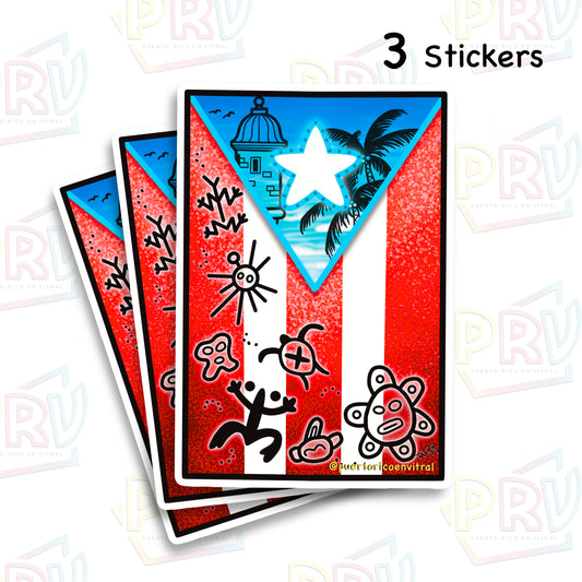 Bandera P.R. Símbolos Tainos x 3 (Sticker)