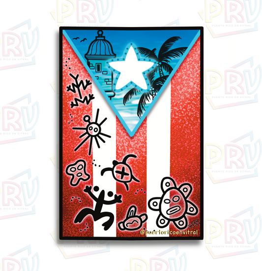 Bandera P.R. Símbolos Taínos (Premium Sticker)